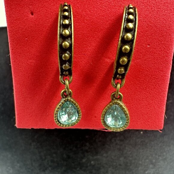 Vintage Brass Tone Teardrop Crystal Hoop Earrings Boho Victorian Revival Dangle - Picture 1 of 10